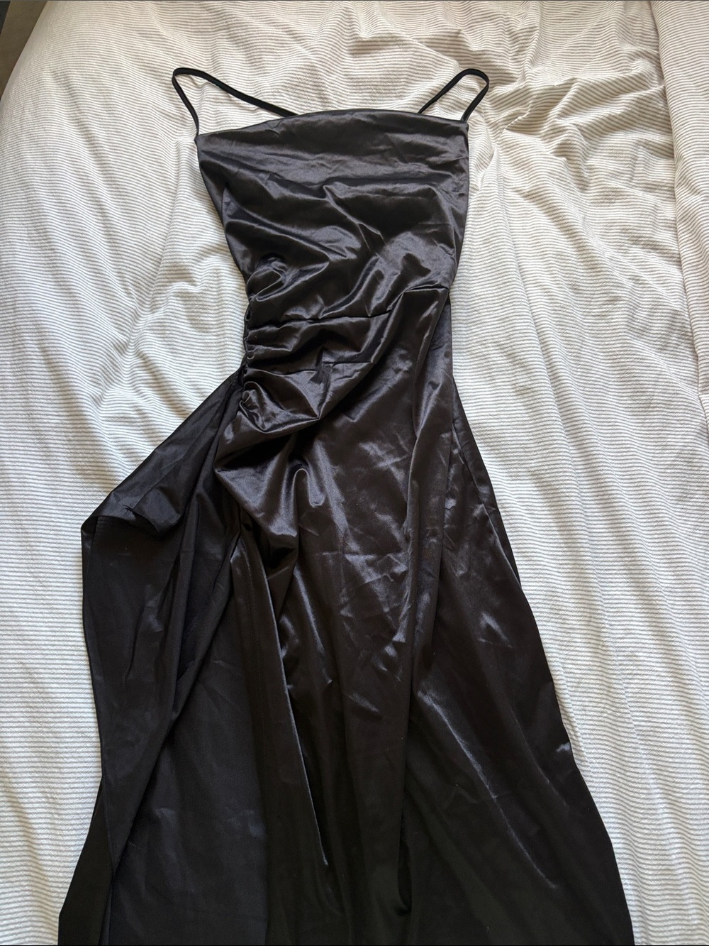 Classic Black Satin Slip Dress with Side Drape